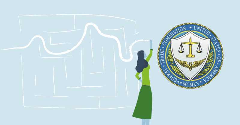 Illustration of a woman drawing a line in a maze to the logo of the FCRA