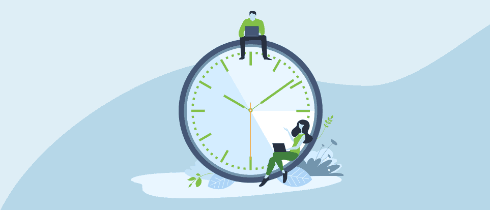 Illustration of a clock with people waiting and looking at devices