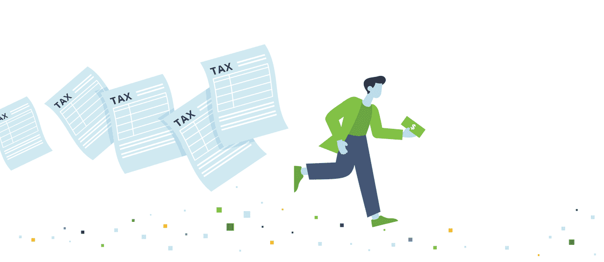 Illustration of a man running from tax returns.