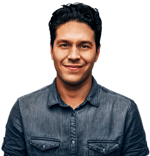 Hispanic man with short hair wearing a blue shirt