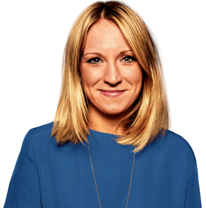 Young woman with straight blond hair wearing a blue shirt smiling