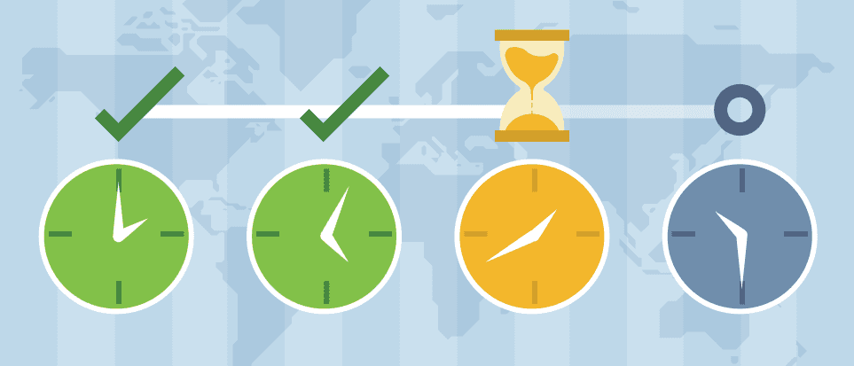 Illustration of different time zones across a map of the world.