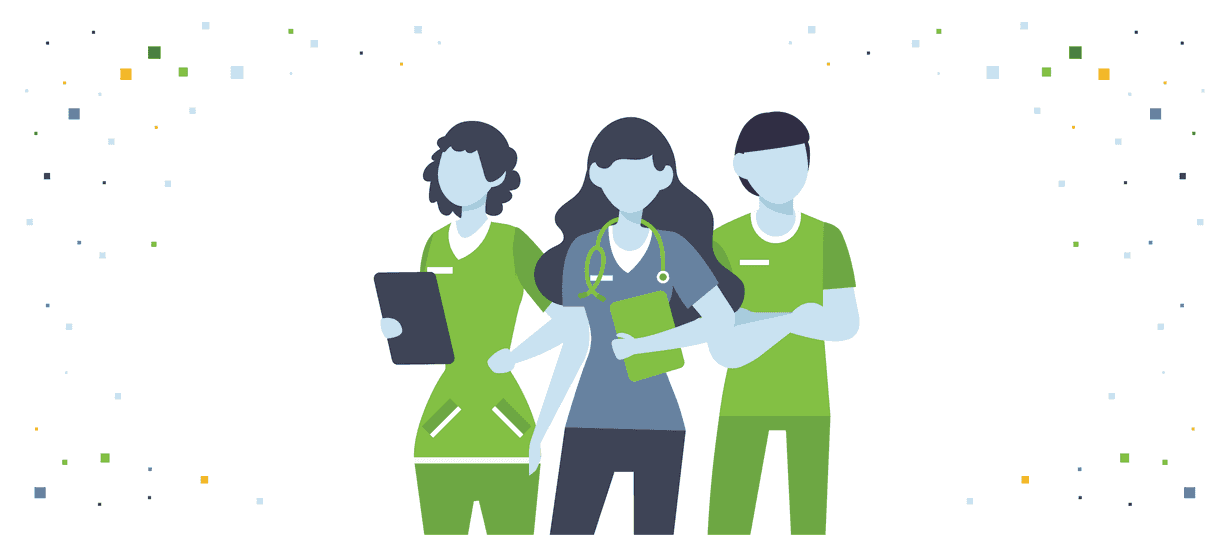 Illustration of three healthcare workers and nurses.