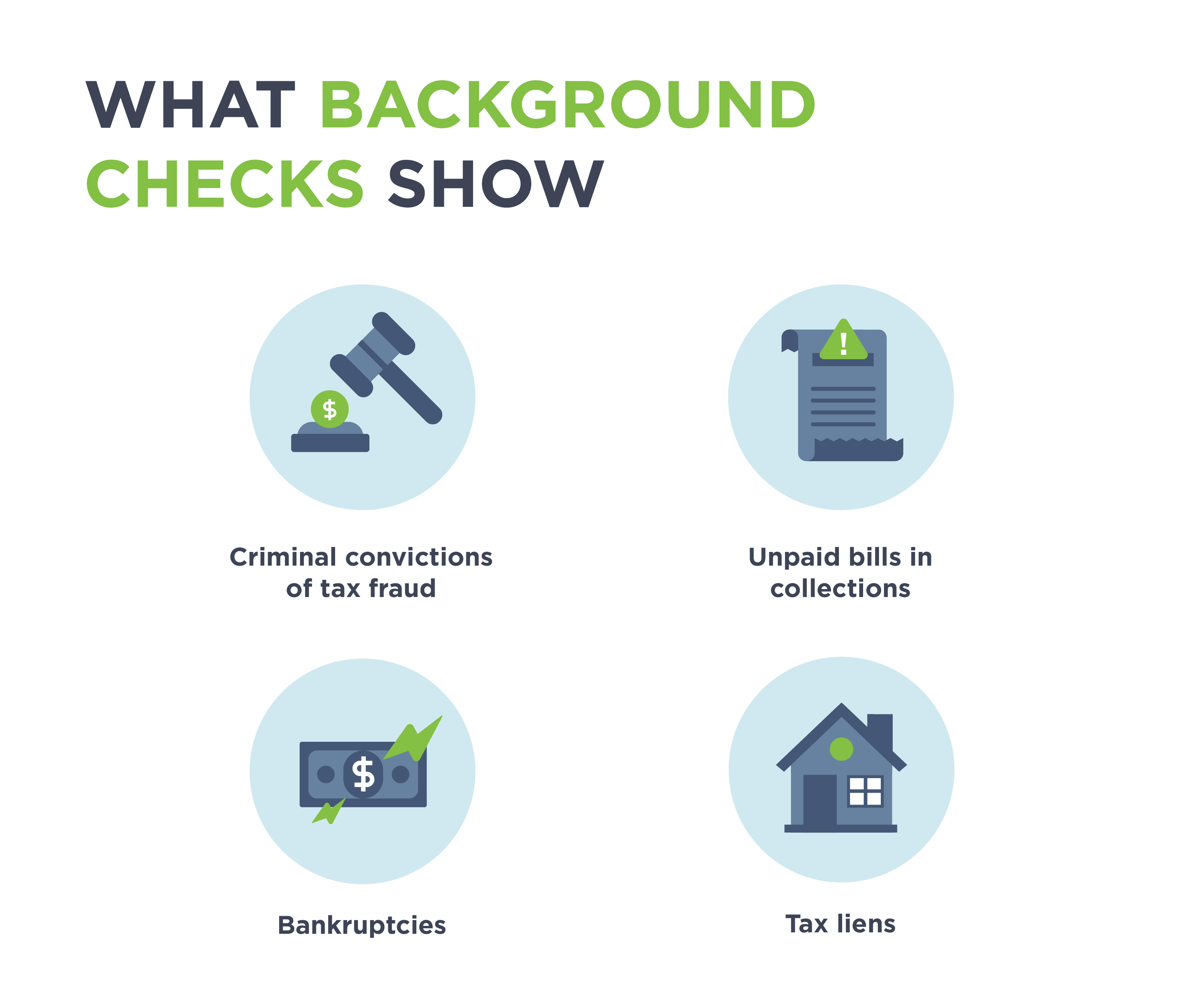 Illustration showing some of the tax fraud crimes that background checks show.