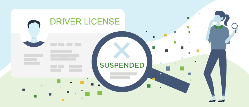 Illustration shows a magnifying glass looking into a drivers license to see if its suspended