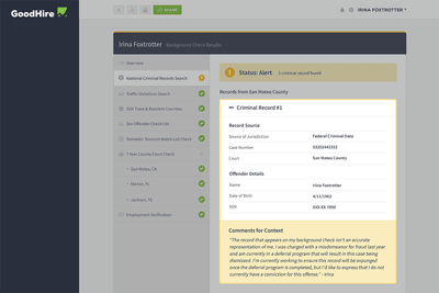 Screenshot of GoodHire's dashboard where candidates add context to criminal records 