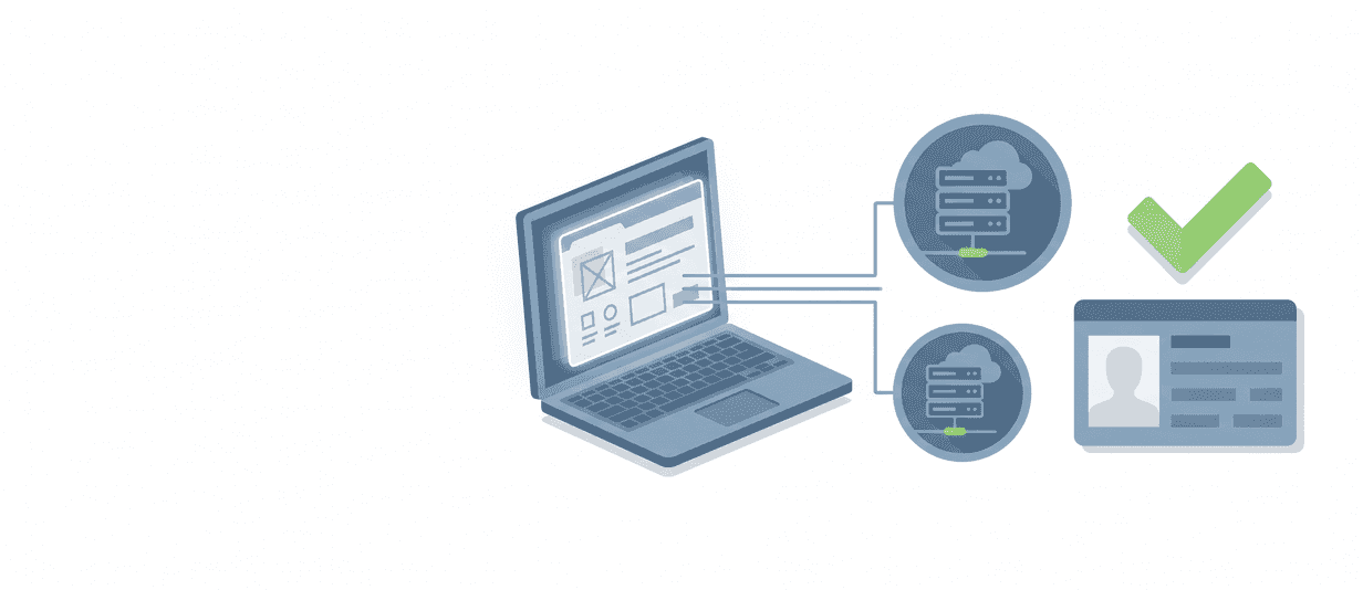 Illustration of a laptop form connected to two government database icons, an ID card and a green check mark.