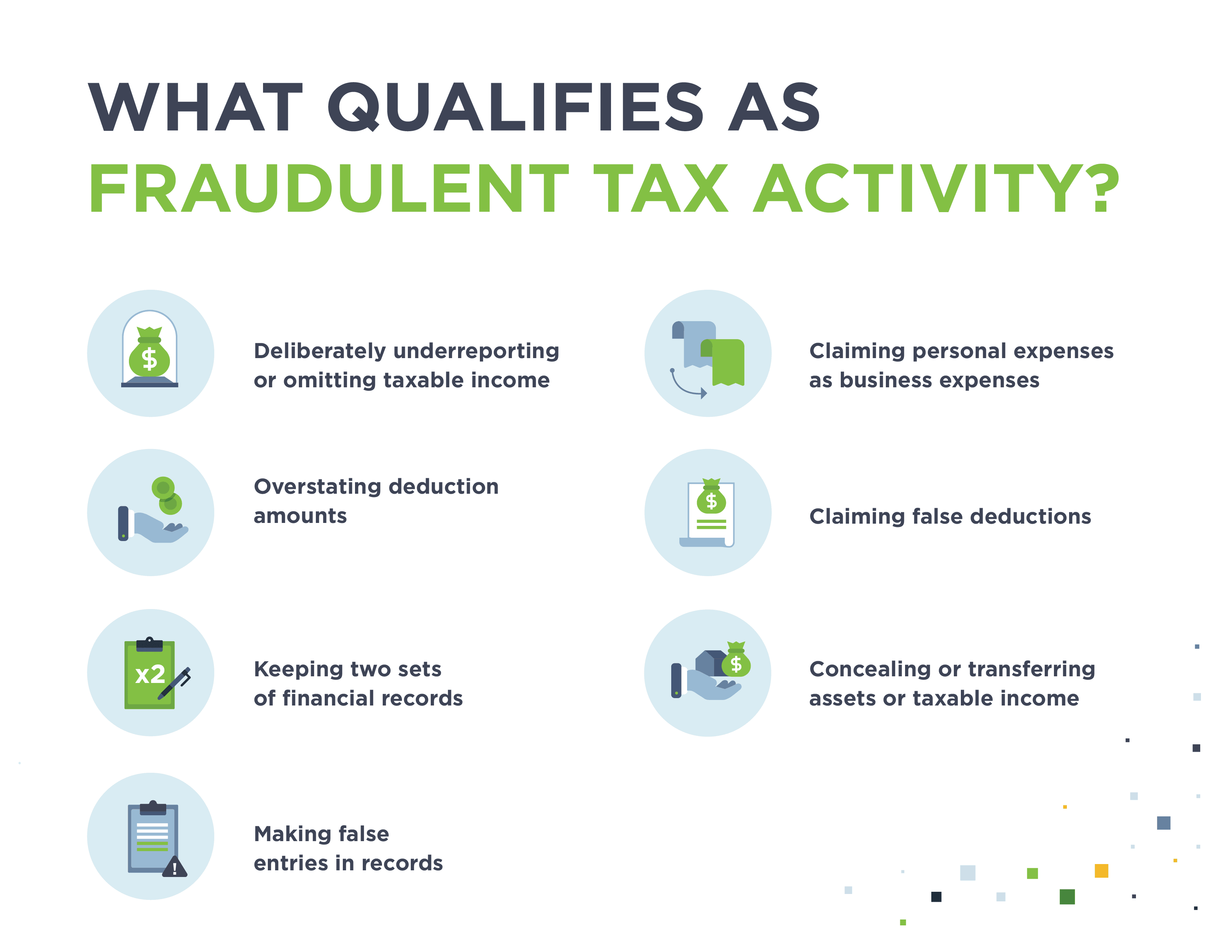 List of things that qualify as fraudulent tax activity.