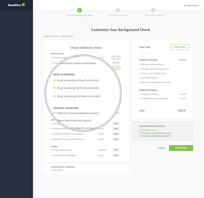 GoodHire's dashboard shows where to select different drug screening panels