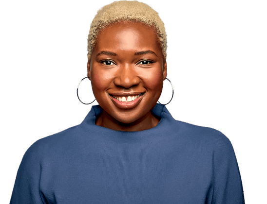 Young black woman with short hair and hoop earrings wearing a blue shirt