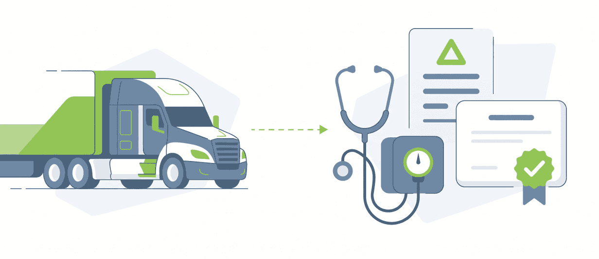 Illustration of a commercial truck, stethoscope, blood pressure gauge and a medical certificate with a green check seal.