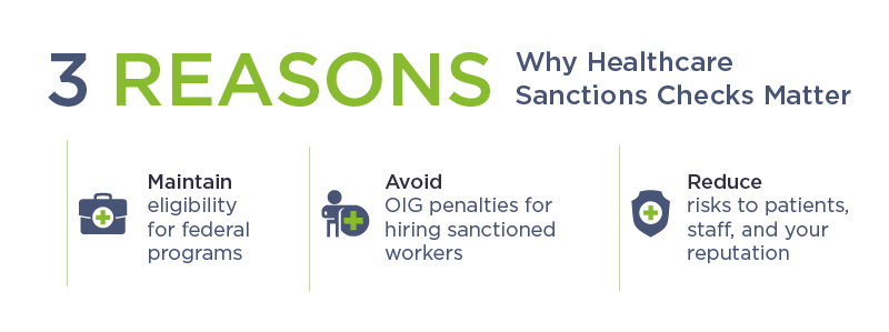 Illustration listing 3 reasons to use healthcare sanctions checks
