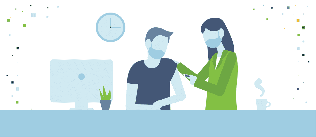 Illustration of a nurse giving an employee the covid vaccine.