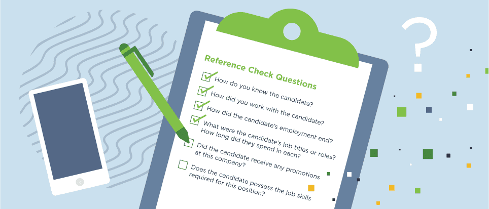 Illustration of a clipboard and pen with a list of reference check questions.