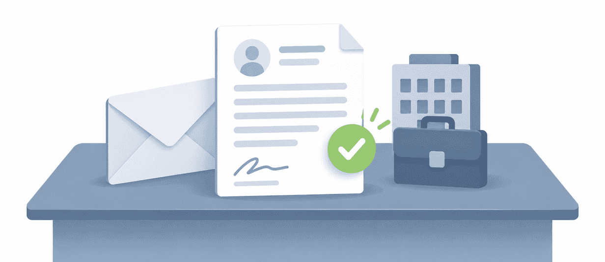 Illustration of an employment verification letter, envelope, office building, and green check mark.