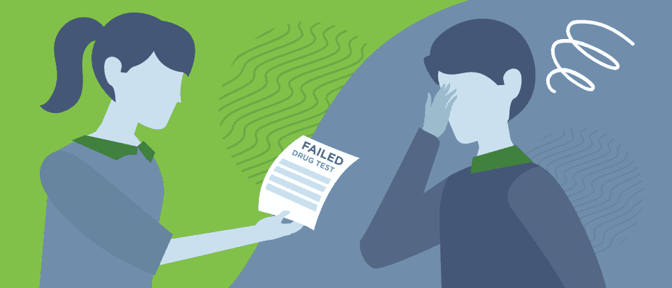Illustration shows a woman giving a man a notice that he failed his employment drug test.