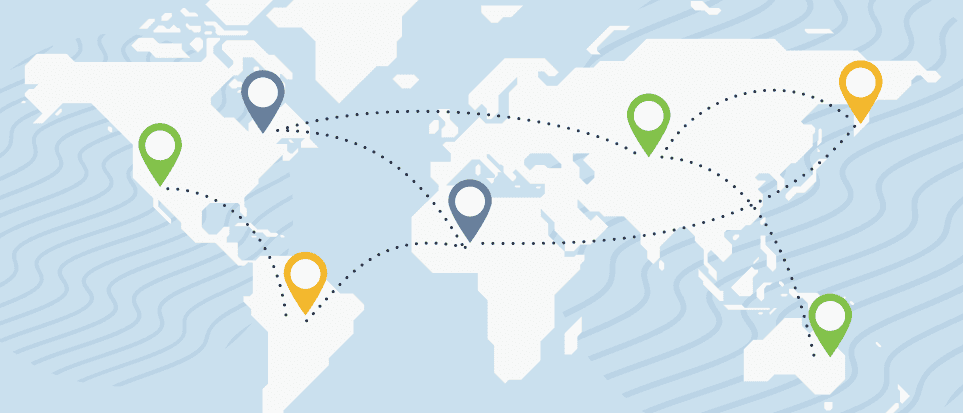 Map of the world with pins in several different countries.