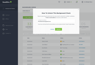 GoodHire dashboard shows how to unlock background check results