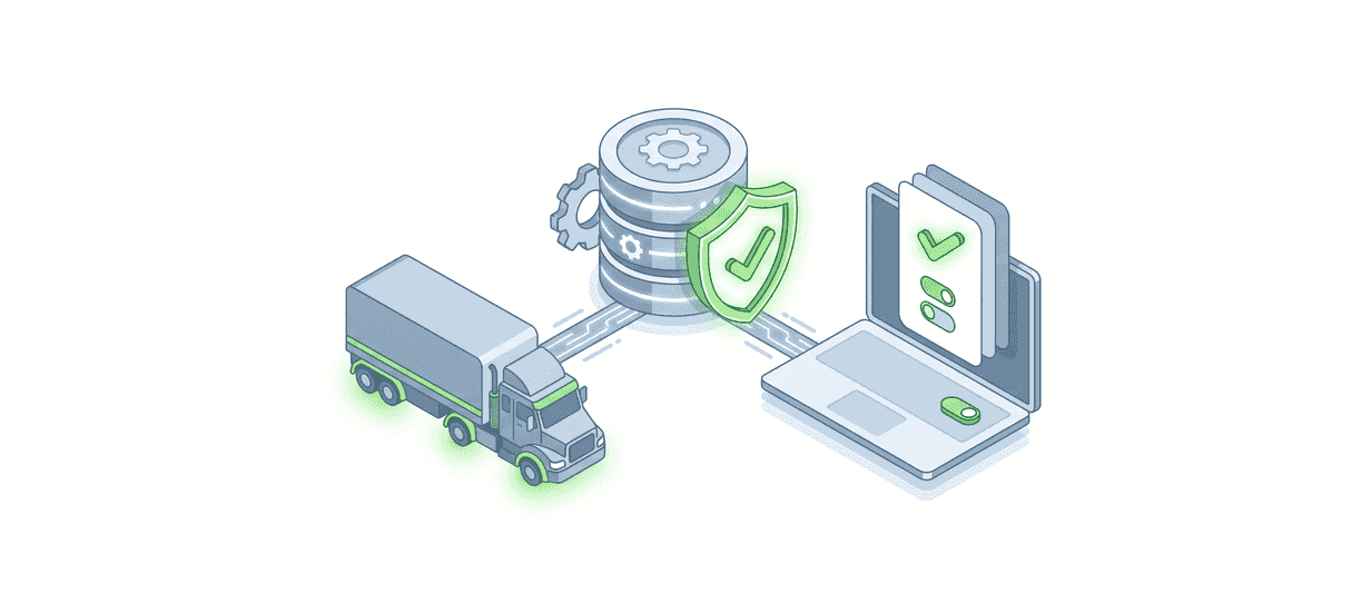 Illustration of a secure database with a shield connected to a commercial truck and a laptop showing a query result.