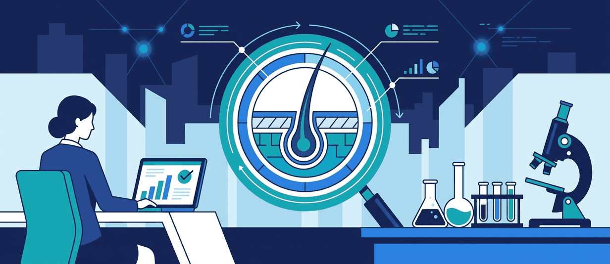 Illustration of hair follicle drug testing process showing a magnified hair follicle, laboratory equipment, and a workplace setting