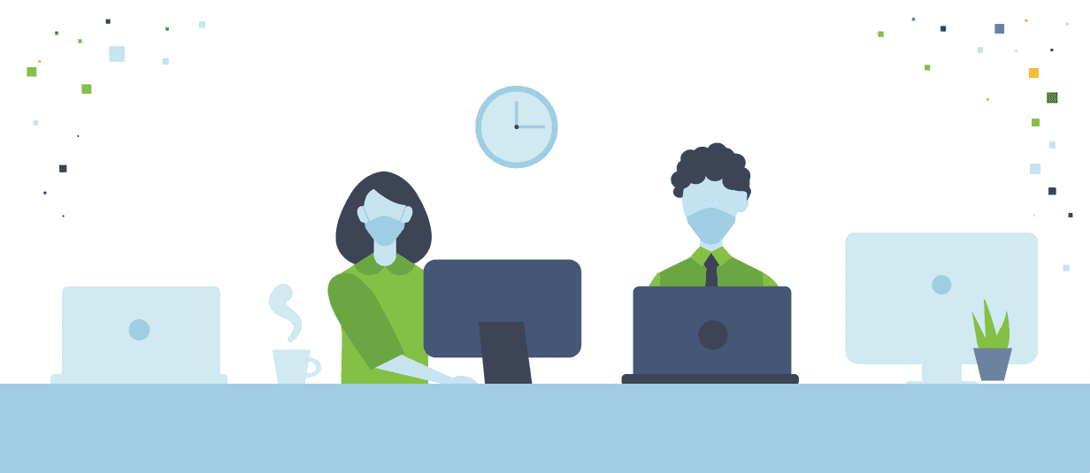 Illustration of a man and a woman wearing face coverings in an office together.