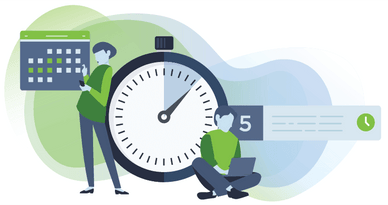 illustration of people sitting by a stopwatch and calendar