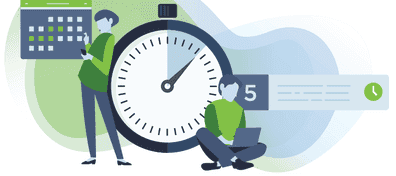 illustration of people sitting by a stopwatch and calendar