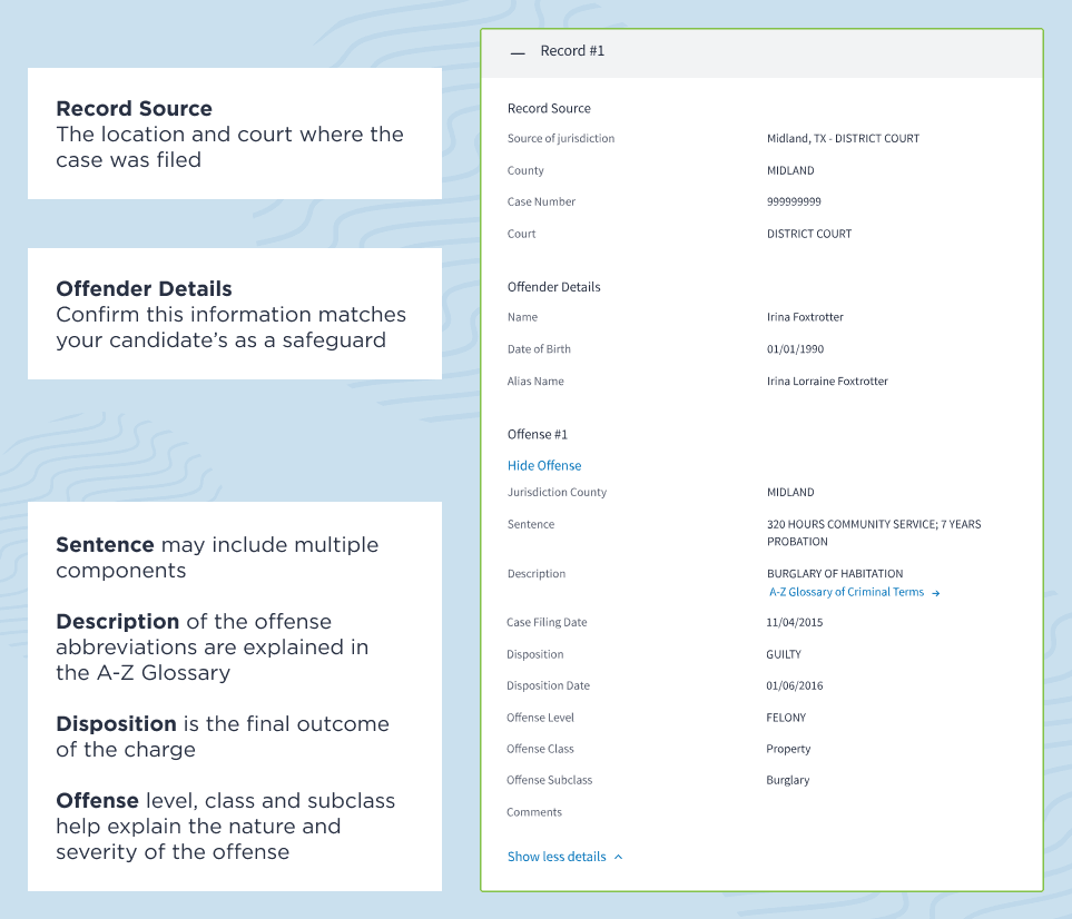 Sample GoodHire criminal record report shows how to read background check results.