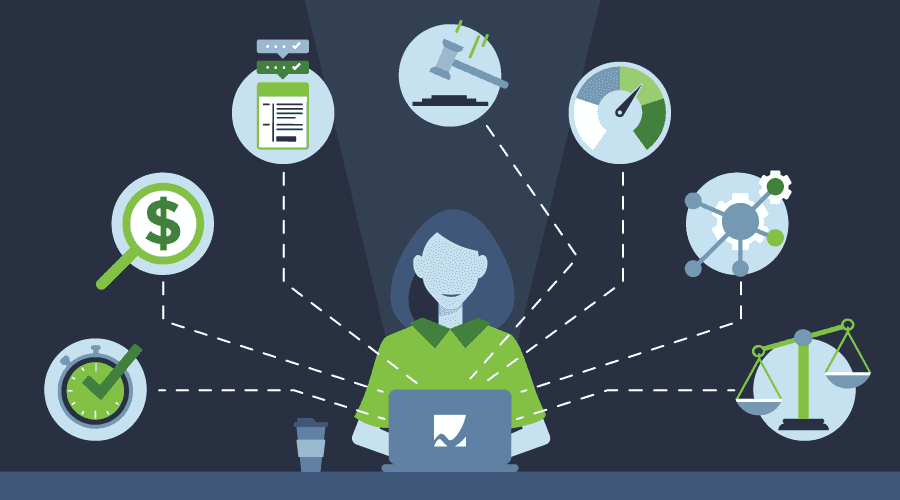 Illustration of a woman working on a laptop and measuring 7 background screening metrics