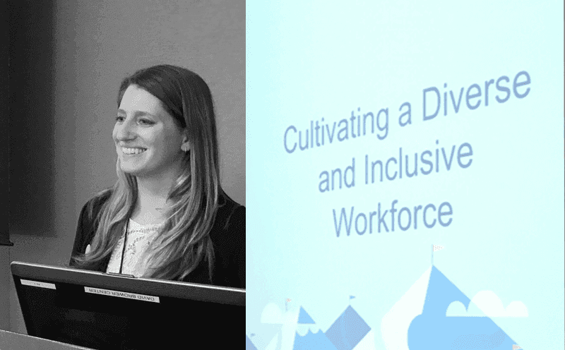 Woman speaking at a podium about diversity in the workforce