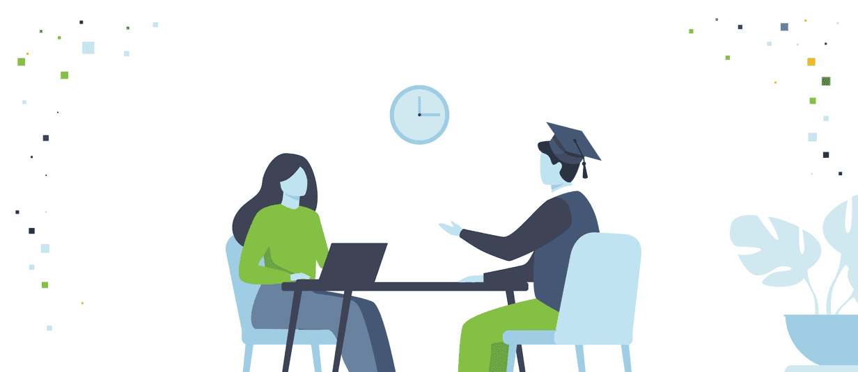 Illustration of a hiring manager interviewing a college graduate.