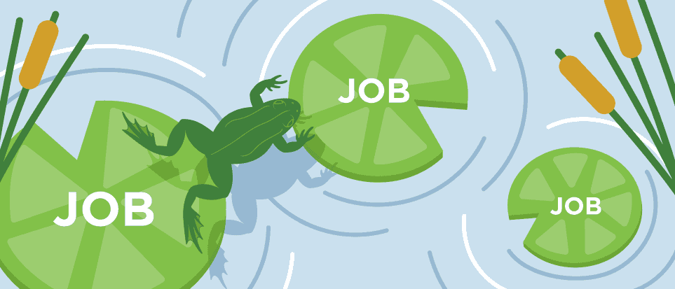Illustration of a frog hopping from one job lily pad to another